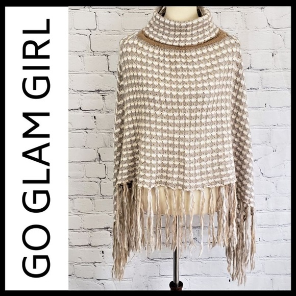 Glam Girl Fashion Sweaters - Asymmetric Hemline Crocheted Turtleneck Poncho S/M